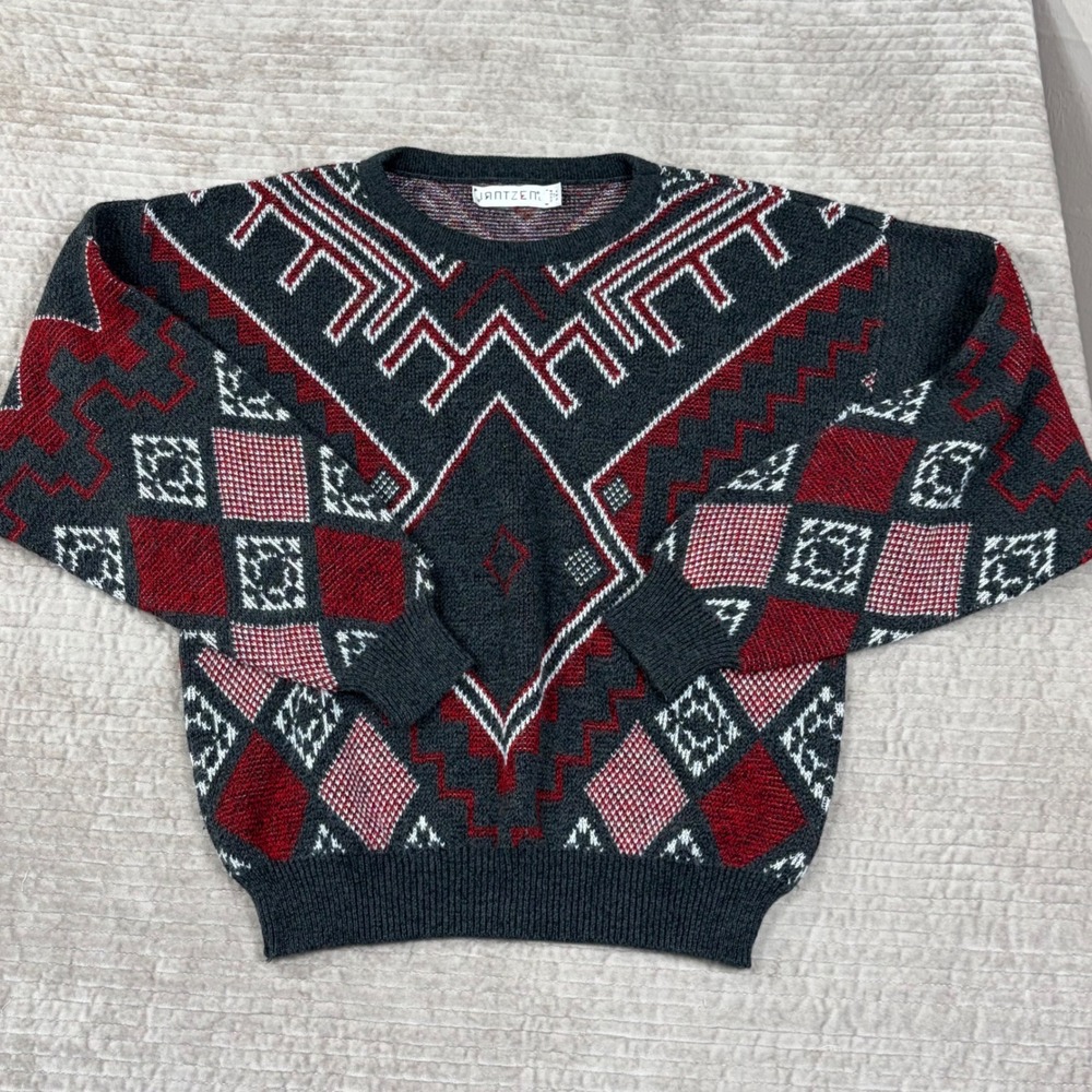 Vintage Jantzen Sweater Mens Large Gray Red Geometric Knit USA Made Crewneck